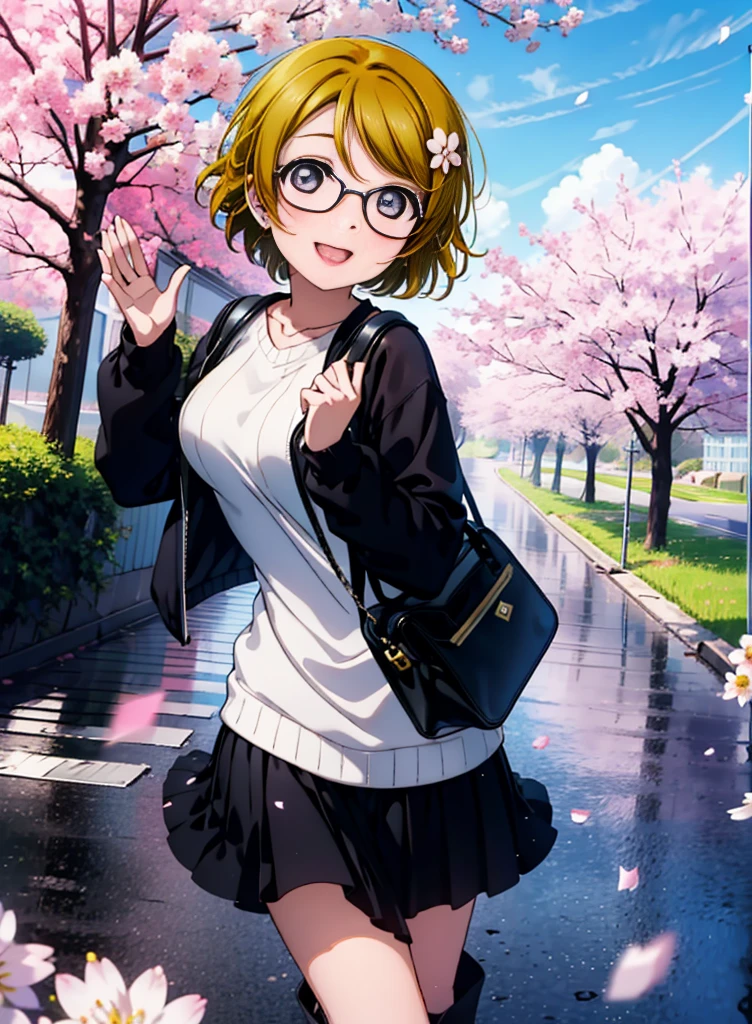 hanayo koizumi, hanayo　Koizumi, short hair, Brown Hair, Purple eyes,Big Breasts,Black-rimmed glasses,sweater,Long skirt,Mini Boots,Cherry blossoms are blooming,Cherry blossoms are scattered,Cherry blossom tree-lined path,happy smile, smile, Open your mouth,whole bodyがイラストの中に入っていくように,smile,blush,Walking,
break looking at viewer, whole body,
break outdoors,Building district,
break (masterpiece:1.2), Highest quality, High resolution, unity 8k wallpaper, (shape:0.8), (Fine and beautiful eyes:1.6), Highly detailed face, Perfect lighting, Highly detailed CG, (Perfect hands, Perfect Anatomy),