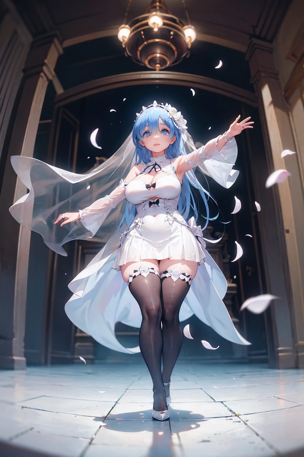 bride、church、Stained glass、Long skirt、pipe organ、Reaching out、Throwing bouquets、(((((Pure white wedding dress)))))、,(((((Fisheye Lens)))))、((Super huge breasts))、(((Plump thighs)))、(((Rem from Re:Zero)))、looking at the camera、High qualityHigh quality、8ｋ、(((((Full body description)))))、Chest、Fantastic、looking at the cameraで、Cherry blossoms fluttering down、Red carpet