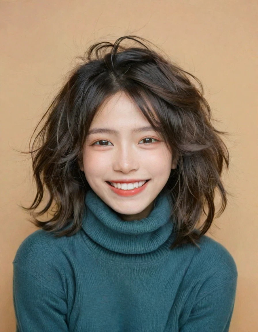 La imagen muestra a una joven alegre en pleno movimiento., Su cabello estaba salvajemente alborotado por sus movimientos.. Sus ojos están entrecerrados en una expresión alegre., Exudando energía y vitalidad. Ella lleva un jersey de cuello alto de color liso., frente a un neutro, fondo marrón cálido. La iluminación dinámica acentúa sus rasgos faciales., Con un enfoque nítido en el sujeto y un efecto de congelación de imagen que captura la espontaneidad y vitalidad de la juventud.. Las sombras suaves añaden profundidad a la escena., y el contraste expertamente equilibrado resalta los detalles.. Esta imagen encarna la despreocupación y el deleite juvenil..