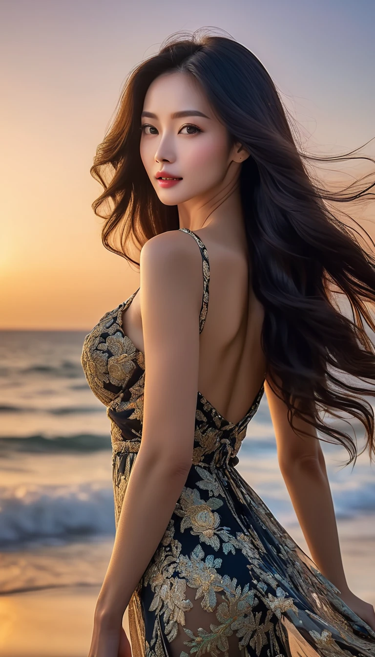 4K resolution, 8K resolution, beautiful, Highest quality, Absolutely wonderful, Very detailed, Ultra-high resolution, masterpiece, RAW Photos, Realistic, Depth of written boundary, Cinematic Light, 
One elegant mature woman, 
Long black hair, Beautiful face with exquisite details, A calm and loving face, 
Transparent white skin, Very sensitive skin, 
Great proportions, Glamorous Body, Anatomically correct body, Shapely large breasts, Shapely ass, Firm thighs, 
Resort Long Dress, Summery design, Beautifully detailed pattern, Detailed cloth texture, 
Night sky background, Dark sandy beach at night, 
((Low angle shot:1.5)), ((Perspective from the bottom:1.5)),