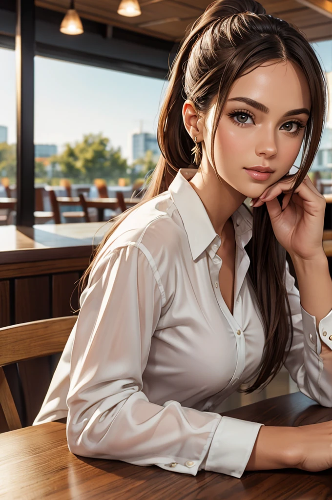 (in view) A sexy brown-haired woman who is the perfect match for a 23-year-old secretary. Straight hair, ponytail, white skin as smooth as silk. (moist) Fleshy lips, (photorealistic:photorealistic, Masterpiece 8k), Big breasted, wearing a tight white shirt. (Focus on the chest.), Sitting at a restaurant table holding a coffee cup (hyperrealistic: realistic, Environments with complex details),  With seductive features on the face: (Professional photography texture and environment, pure perfect light).