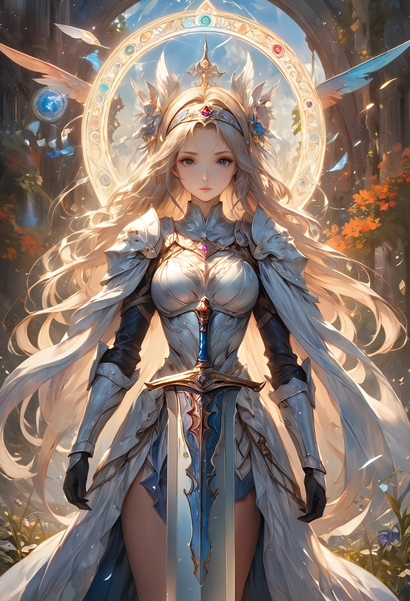 8K resolution, masterpiece, Highest quality, Award-winning works, unrealistic, sole sexy lady, healthy shaped body, 2, white wavy long hair, hair band, big firm bouncing bust, ancient roman military commander's armor, Pure white armor with a complex structure, royal coat of arms, excalibur, elegant, Very detailed, Digital Painting, artステーション, コンセプトart, Smooth, Sharp focus, shape, artジャム、Greg Rutkowski、Alphonse Mucha、William Adolphe Bouguereau、art：Stephanie Law , Magnificent royal background, Royal Jewel, nature, Full Shot, Symmetric, Greg Rutkowski, Charlie Bowwater, beep, Unreal 5, Surreal, Dynamic Lighting, ファンタジーart, Complex colors, Colorful magic circle, flash,  dynamic sexy poses