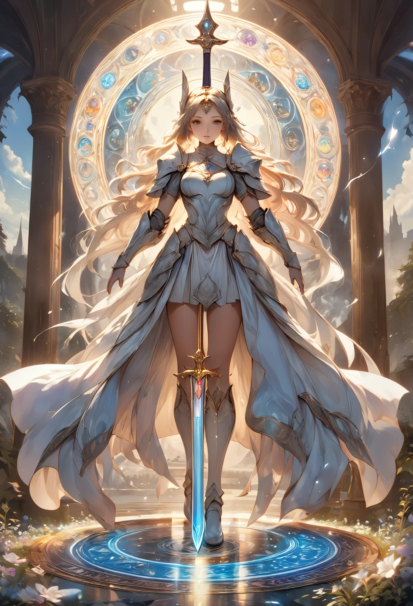 8K resolution, masterpiece, Highest quality, Award-winning works, unrealistic, sole sexy lady, healthy shaped body, 2, white wavy long hair, hair band, big firm bouncing bust, ancient roman military commander's armor, Pure white armor with a complex structure, royal coat of arms, excalibur, elegant, Very detailed, Digital Painting, artステーション, コンセプトart, Smooth, Sharp focus, shape, artジャム、Greg Rutkowski、Alphonse Mucha、William Adolphe Bouguereau、art：Stephanie Law , Magnificent royal background, Royal Jewel, nature, Full Shot, Symmetric, Greg Rutkowski, Charlie Bowwater, beep, Unreal 5, Surreal, Dynamic Lighting, ファンタジーart, Complex colors, Colorful magic circle, flash,  dynamic sexy poses