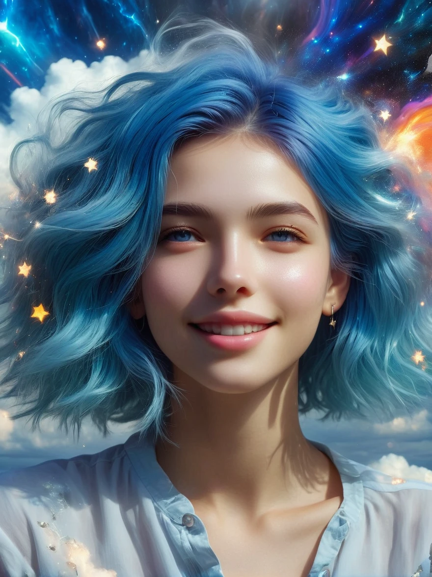 masterpiece, best quality, Aesthetic, fantasy, illusion, 1 Girl, Solitary, a photo of a cute girl, Detailed face, Relaxed smile, charming, Asymmetrical hair, Swaying hair, Electric blue hair, glow, cloud, Colorful sky, Star, shattered, Space style, Vortex Magic Style, Silva Magic Style, legendary, outstanding, Beautifully, elegant, luxury, Creative, beautiful classic contemporary detailed cinematic composition, Expressive and dynamic dramatic atmosphere