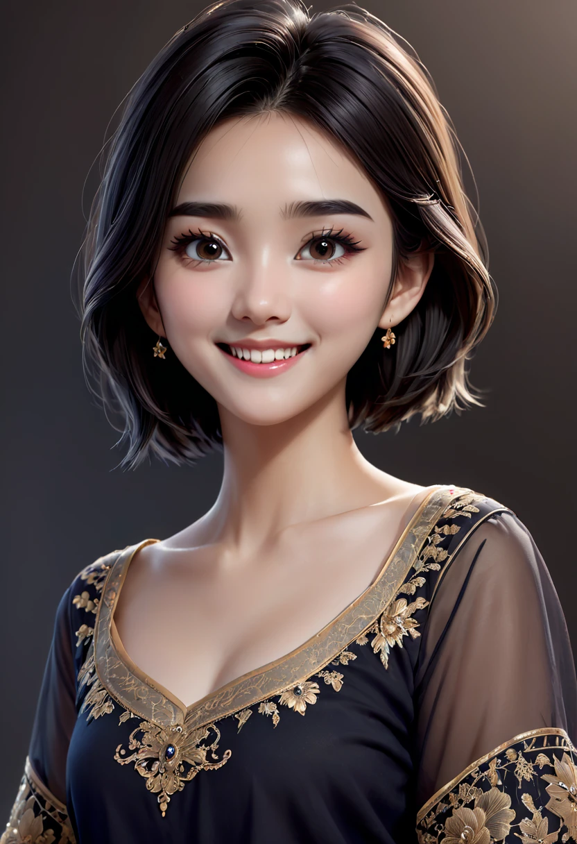 ((Masterpiece, High qualityสุด)), High quality, 8ก, 4K, Highly detailed, high contrast, Masterpiece:1.2,High quality, The best aesthetics), detailed face, character design sheet， full body, full of details, , มีHighly detailed, Very detailed illustrations. Girl with dark eyebrows, square face, smiling, big eyes, short hair, straight face.