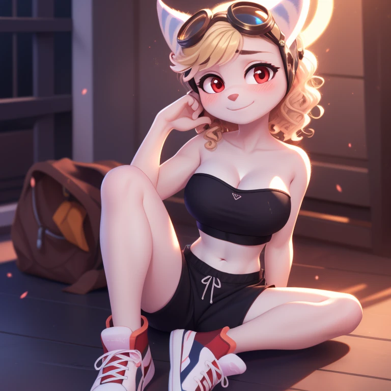 Rivet, pyjama elastic shorts, strapless crop top, cleavage, high-top sneakers, blonde hair,  curly hair, halo, sunglasses, jewelry, red eyes, longeyelashes, red eyes, smile, shy, blush, high detail, masterpiece, UHD, anatomically correct, super detail, highres, 4K