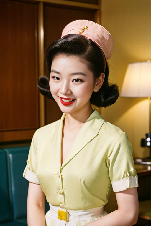 Seoul, 1952. A young korean girl, 23-year-old, strikingly beautiful, delicate facial features, porcelain skin, expressive eyes, in the hotel, ((awe and joy expression)), ((((clothings from the 1950s)))), ((hairstyle of the 1950s)), colorful, a picture