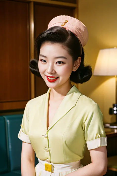 Seoul, 1952. A young korean girl, 23-year-old, strikingly beautiful, delicate facial features, porcelain skin, expressive eyes, ...