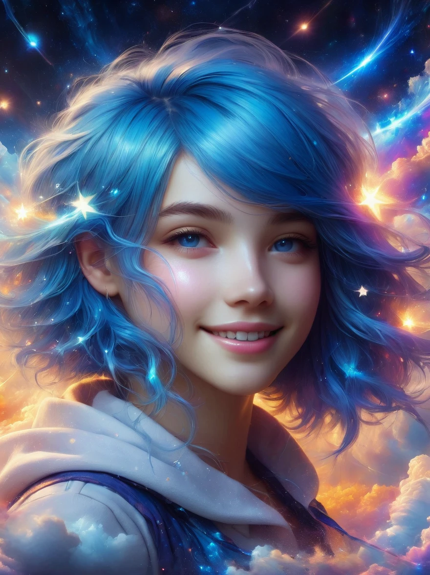 1xknh1, masterpiece, best quality, Aesthetic, fantasy, illusion, 1 Girl, Solitary, a photo of a cute girl, Detailed face, Relaxed smile, charming, Asymmetrical hair, Swaying hair, Electric blue hair, glow, cloud, Colorful sky, Star, shattered, Space style, Vortex Magic Style, Silva Magic Style, legendary, outstanding, Beautifully, elegant, luxury, Creative
