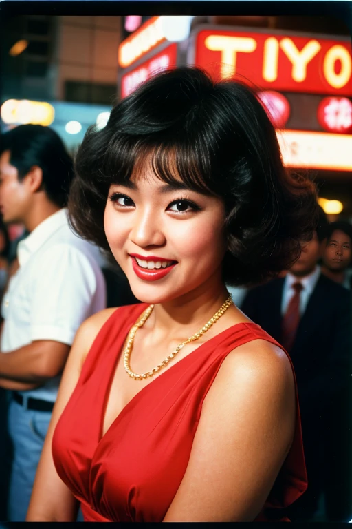 TokyoYouthEighties, disco, girls, Nihongami , 80's dresses, 80's haircuts, short cut, curls, fluffy blowout, Kabukicho, 1980's, old photo, film grain, polaroid, 35mm film, camera flash, people in background, wide shot, (smoke:0.9), detailed skin texture, (blush:0.5), (goosebumps:0.5), subsurface scattering, ((awe and joy expression))