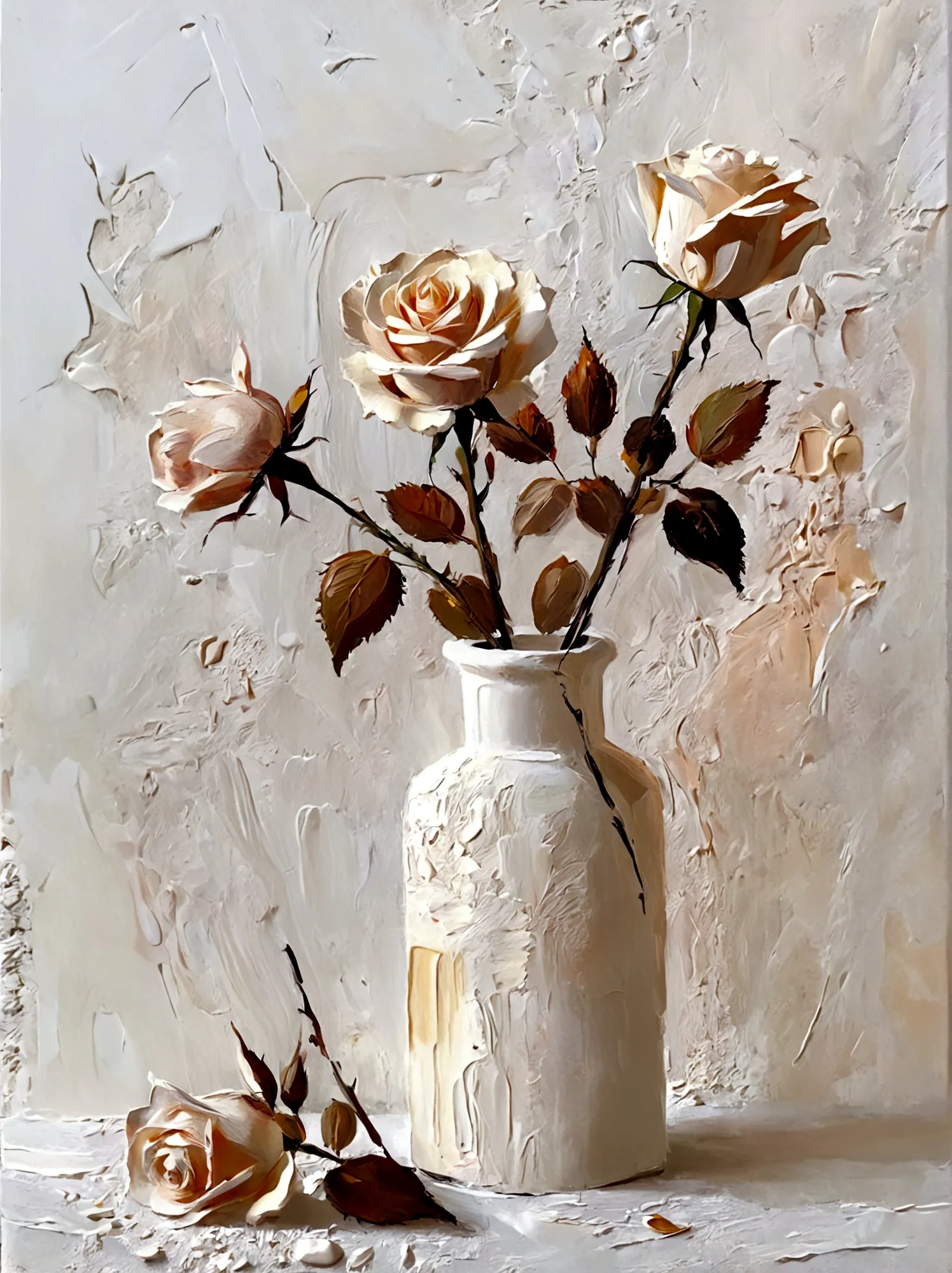 vase，Rose，Small flowers，Flowers，White background，vanilla，cream，whiskey，Abstract Art，emotion，emotion，Thick textured paint, 