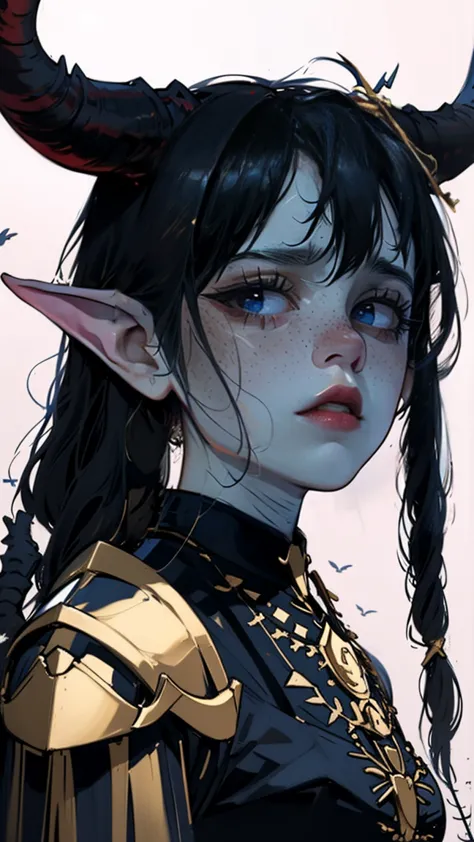 a close up of a woman with horns and a bird on her shoulder, artwork in the style of guweiz, she has elf ears and gold eyes, dun...