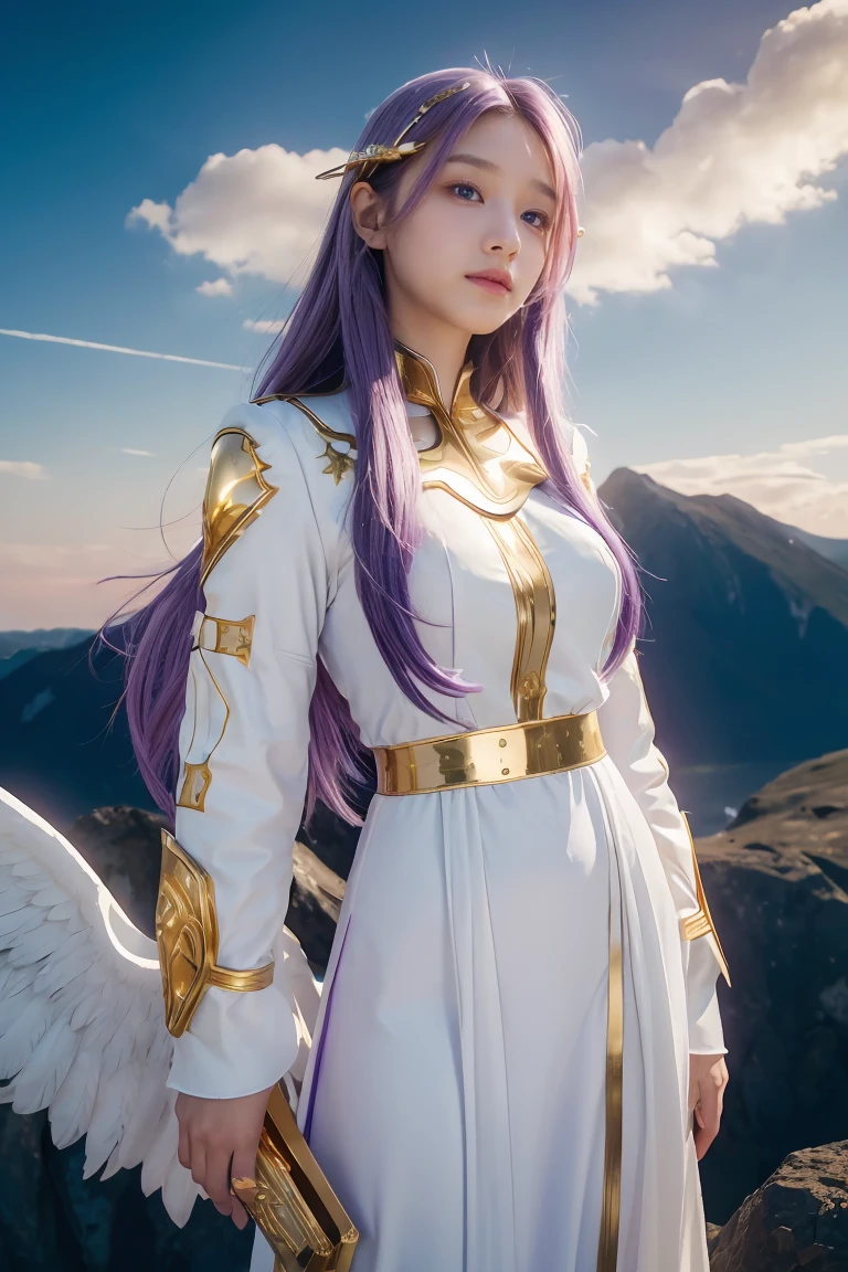 ((masterpiece, best quality, extremely detailed), volumetric lighting, ambient occlusion, colorful, glowing), 
1girl, solo, young girl, (purple hair), long hair, halo, aura, sacred, goddess, cleric suit, (white outfit with gold detailst:1.3), angel wings,
outdoors, sunset, sky, clouds, space, (fantasy theme:1.2),