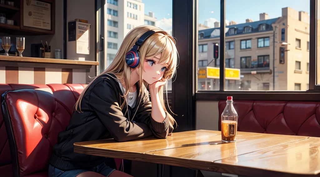 Girl with headphones enjoying music in a cafe