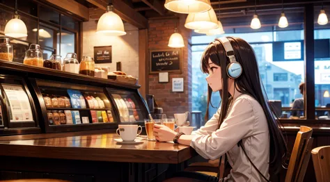 girl with headphones enjoying music in a cafe