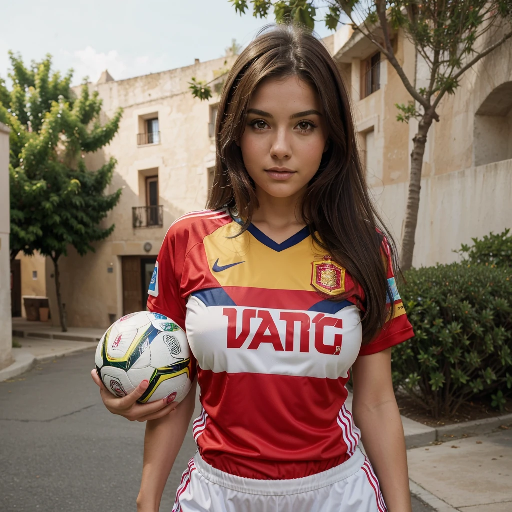 Cute brunette girl nice body big with spain soccer jersey on realistig spain  s - SeaArt AI