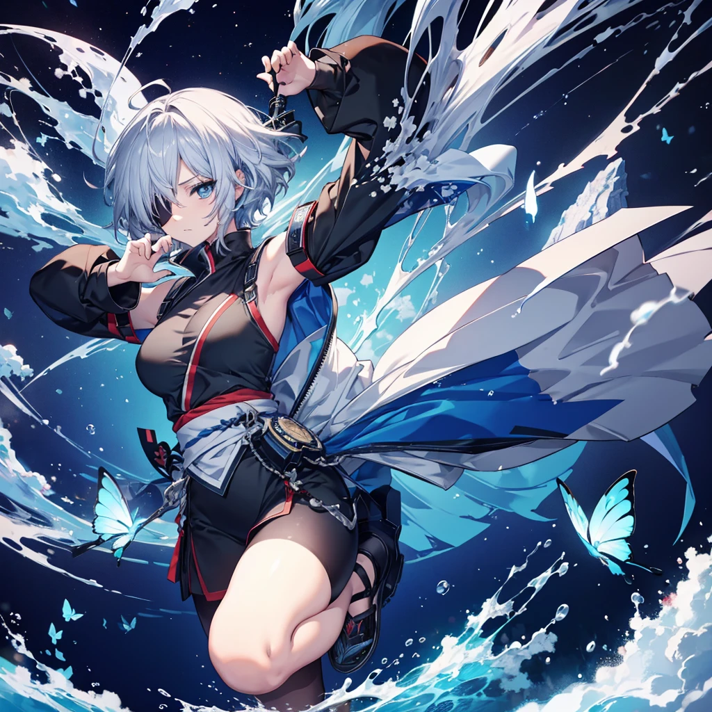 (((1 person　put on an eyepatch　Gray Hair　Qinglong)))　((Jumping kick))　((High resolution　short hair　shoulder　Also々funny Face　knifeを胸の前で構える))　((Black Band　Ninja　Lonely　despair　blue eyes　close))　((Blue Butterfly　night　Japanese style　old　Shining Aura　Jump　Catch the wind　Distorted Space))　(dance　日本knife　knife　Slashing)　月night　moonlight　star　Shuriken　Shining Background　Shining Edges