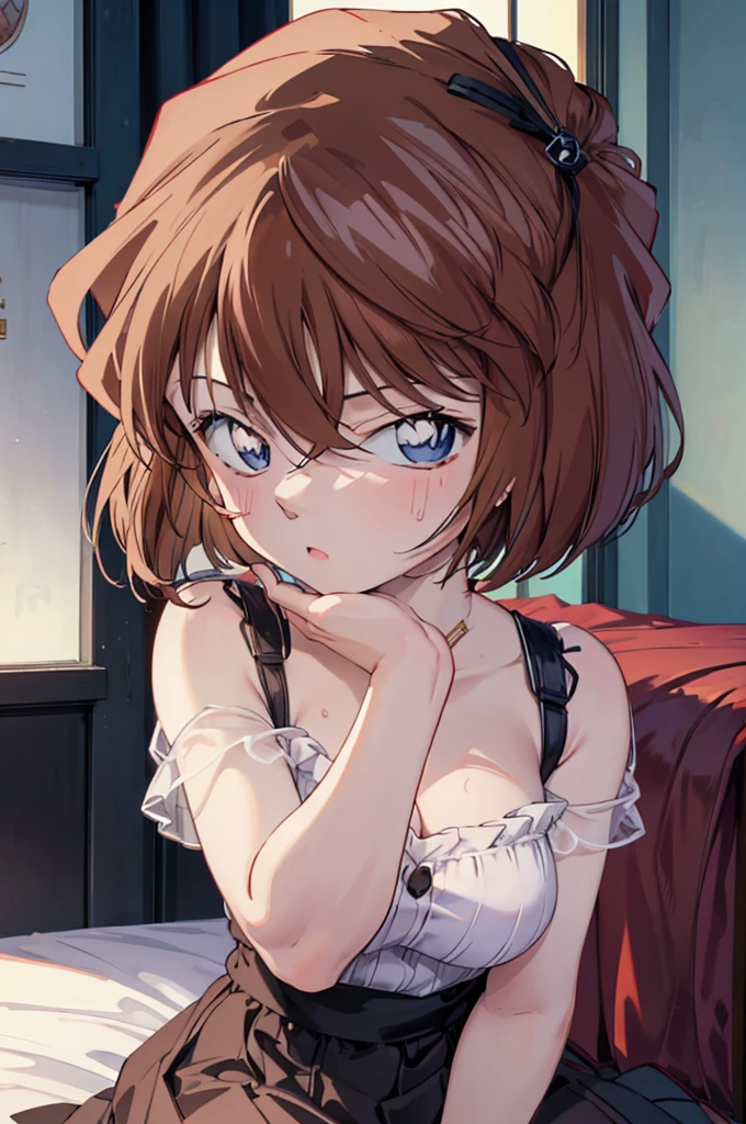 Highest quality, masterpiece, 4K, Highly detailed face, Highly detailed skin, Highly detailed wallpaper, Japanese anime, Second Dimension, Fine skin, Very beautiful cleavage, NSFW, Baby Face, whole body, One girl, Embarrassed face, On the bed, Bob Hairstyle, Brown Hair, Detective Conan, Haibara Ai, Shelley, Sweaty, 18 years old, Cosplay, Mine system, mini skirt, Eyes are hearts, Seducing a man, Spread your legs in an M shape