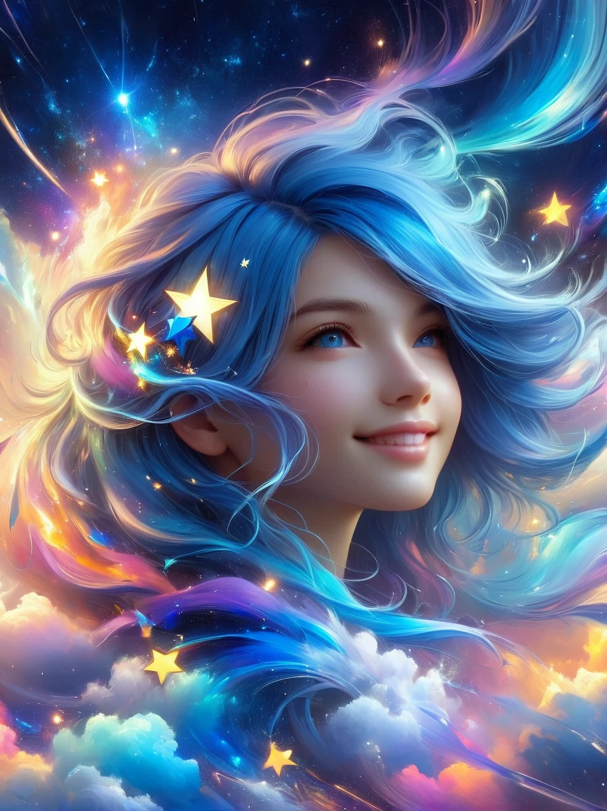 1xknh1, masterpiece, best quality, Aesthetic, fantasy, illusion, 1 Girl, Solitary, a photo of a cute girl, Detailed face, Relaxed smile, charming, Asymmetrical hair, Swaying hair, Electric blue hair, glow, cloud, Colorful sky, Star, shattered, Space style, Vortex Magic Style, Silva Magic Style, legendary, outstanding, Beautifully, elegant, luxury, Creative