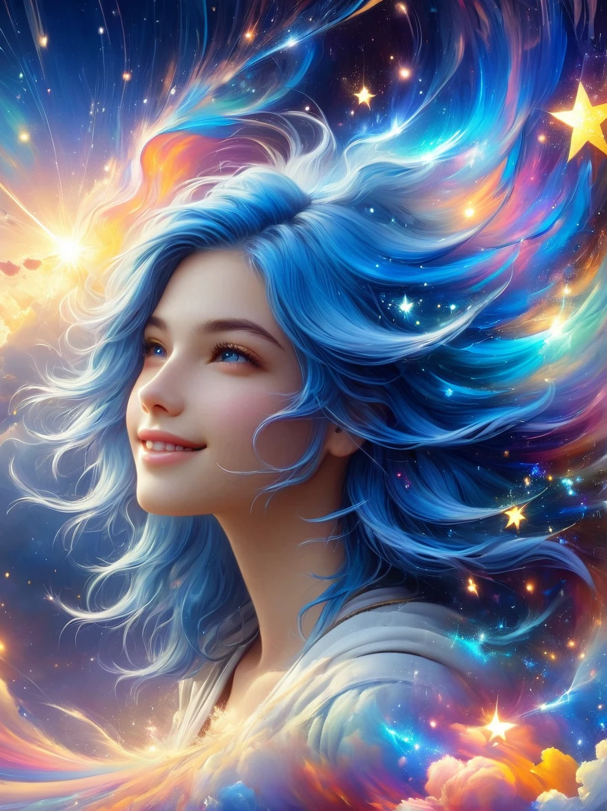 1xknh1, masterpiece, best quality, Aesthetic, fantasy, illusion, 1 Girl, Solitary, a photo of a cute girl, Detailed face, Relaxed smile, charming, Asymmetrical hair, Swaying hair, Electric blue hair, glow, cloud, Colorful sky, Star, shattered, Space style, Vortex Magic Style, Silva Magic Style, legendary, outstanding, Beautifully, elegant, luxury, Creative