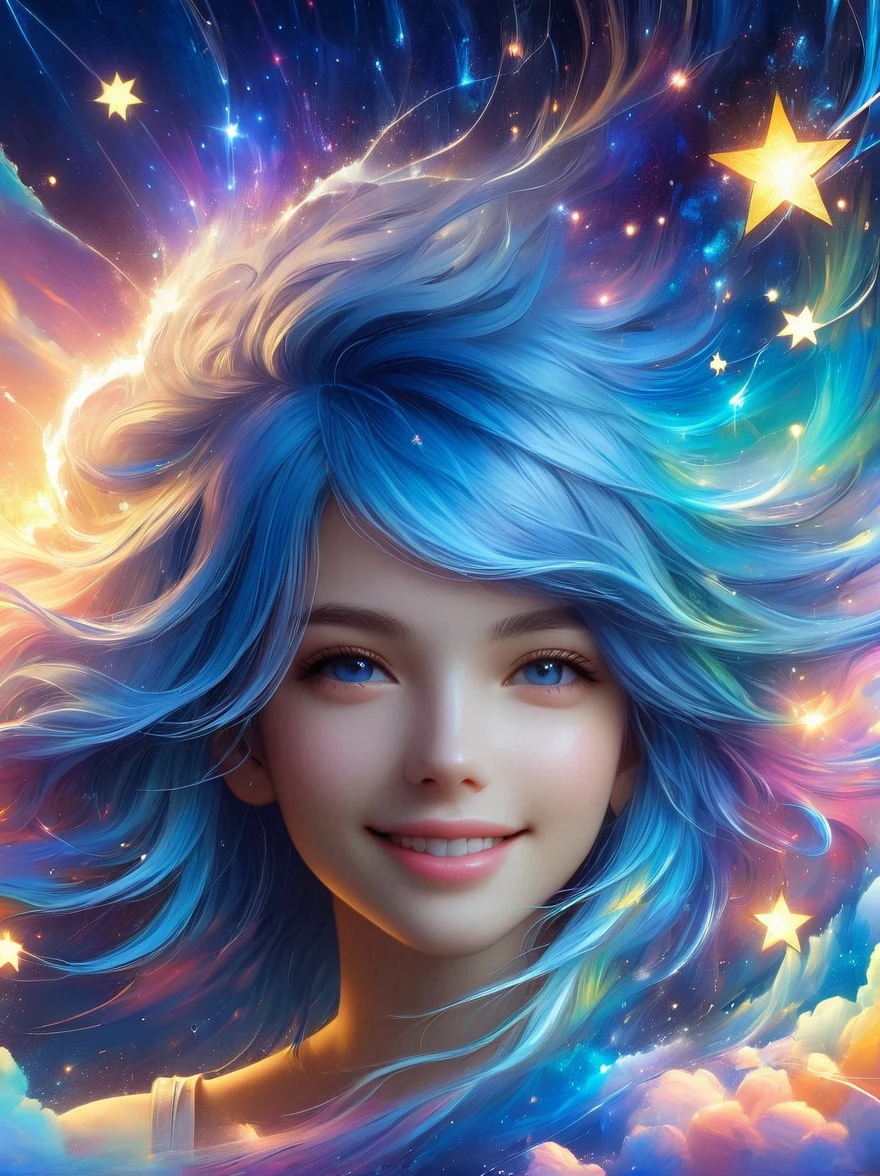 1xknh1, masterpiece, best quality, Aesthetic, fantasy, illusion, 1 Girl, Solitary, a photo of a cute girl, Detailed face, Relaxed smile, charming, Asymmetrical hair, Swaying hair, Electric blue hair, glow, cloud, Colorful sky, Star, shattered, Space style, Vortex Magic Style, Silva Magic Style, legendary, outstanding, Beautifully, elegant, luxury, Creative