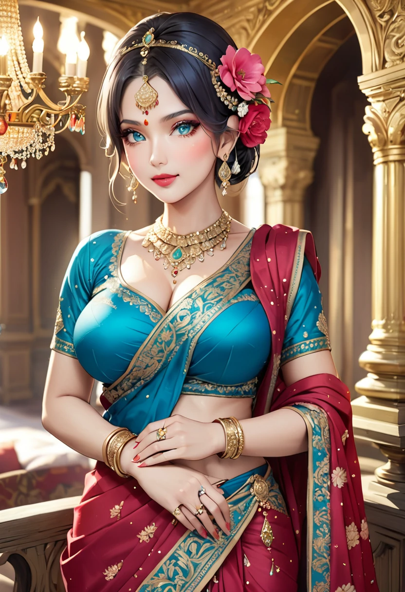 
Hot sexy beautiful one  princess  with hugging ugly fat old man,   long sparkling chandelier earrings,big breasts, ,black hair ,blush,blue eyes,red lipstick, chandelier jewelry,makeup, ornament, chandelier necklace,waist chain, rings,bangles,hair flower brochure,hair pins,hair chain, royal palaces and grand architecture, Traditional Indian sari, elegant draping style, intricate floral motifs, handwoven silk material, embellished with sequins and beads, sparkling gemstones and gold accents, artistic rendering of Indian culture, traditional jewelry and accessories, indian traditional wedding saree, crown , 