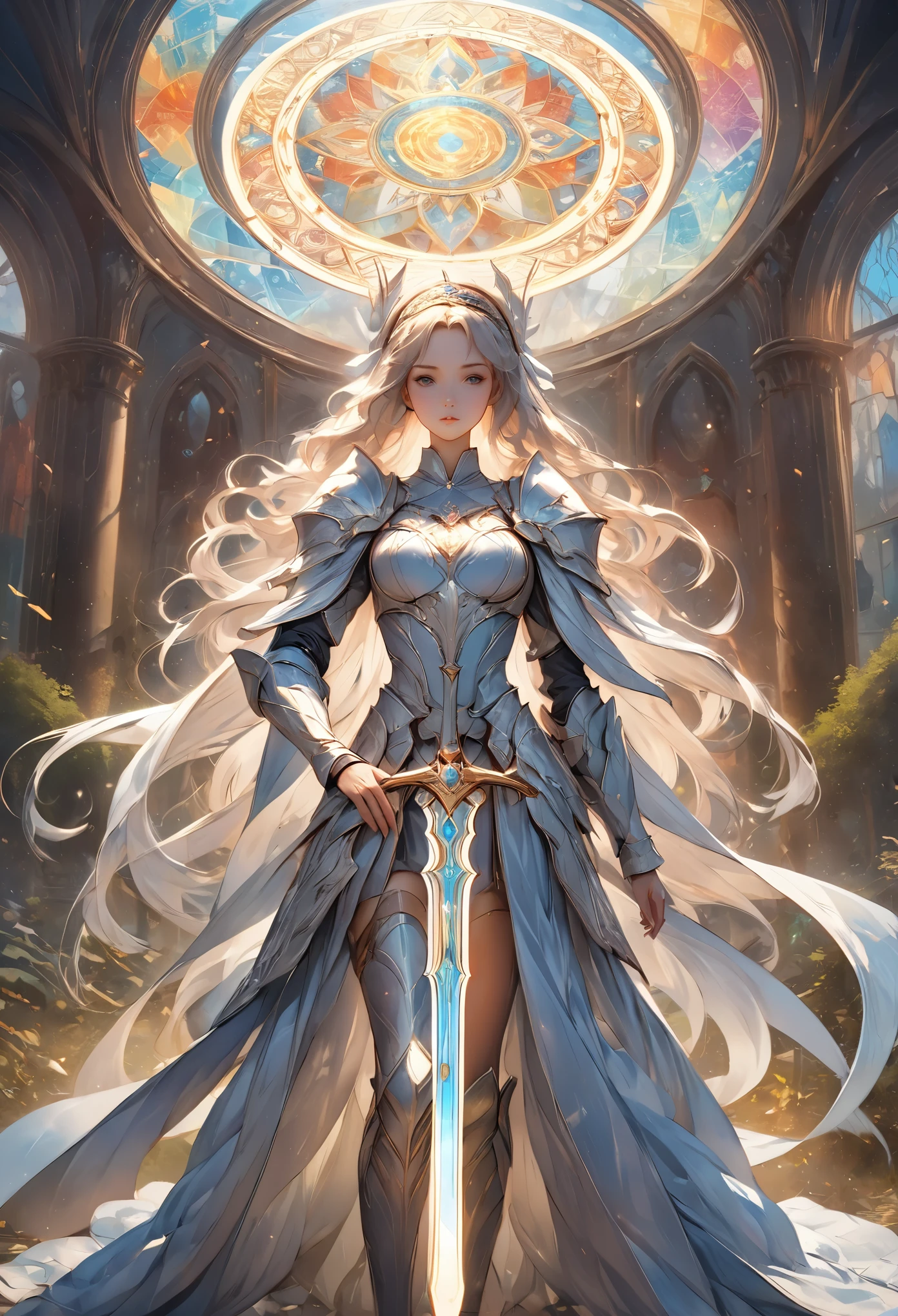 8K resolution, masterpiece, Highest quality, Award-winning works, unrealistic, sole sexy lady, healthy shaped body, 25 years old, white wavy long hair, hair band, big firm bouncing bust, ancient roman military commander's armor, Pure white armor with a complex structure, royal coat of arms, Hold up Excalibur with both hands, elegant, Very detailed, Digital Painting, artステーション, コンセプトart, Smooth, Sharp focus, shape, artジャム、Greg Rutkowski、Alphonse Mucha、William Adolphe Bouguereau、art：Stephanie Law , Magnificent royal background, Royal Jewel, nature, Full Shot, Symmetric, Greg Rutkowski, Charlie Bowwater, beep, Unreal 5, Surreal, Dynamic Lighting, ファンタジーart, Complex colors, Colorful magic circle, flash,  dynamic sexy poses