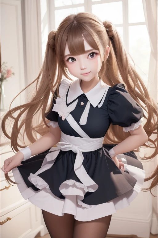 1girl in、AS-Adult、、A smile、The shirt、skirt by the、（small tits）、doress、pinafore、bun or ribbon 、（Maids）、Upper body portrait、light tan hair, portrait