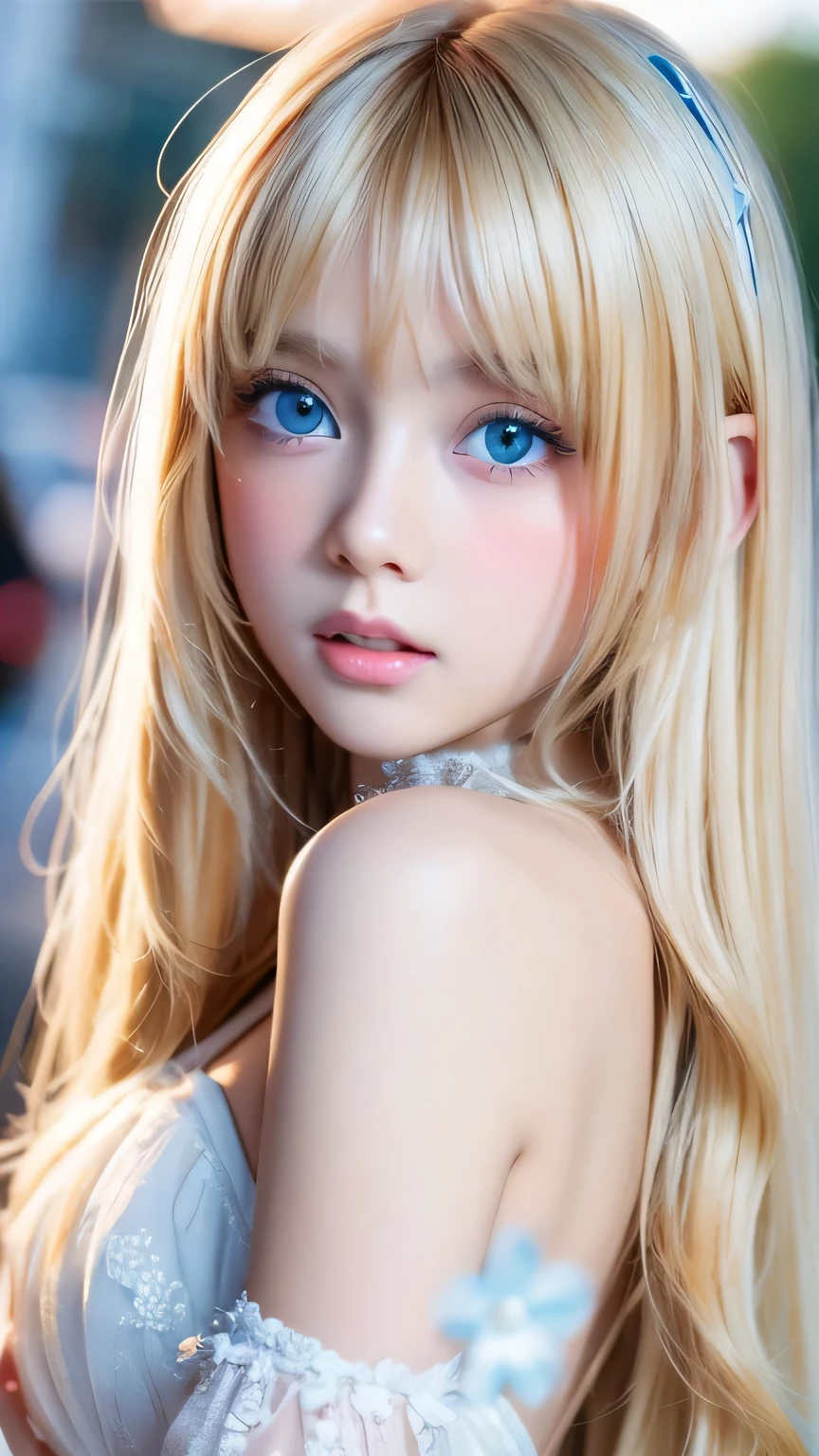 A perfectly beautiful face、Messy silky beautiful blonde hair、19 year old beautiful cute girl、Very beautiful beautiful bright pale sky blue big eyes、Very super long beautiful blonde silky shiny hair、Long beautiful bangs、Very big eyes、Small Face Beauty、eyeliner、Very white, shiny skin like snow、Gloss Face、Cheek gloss、Hair above the eyes、片Hair above the eyes、Hair between the eyes、