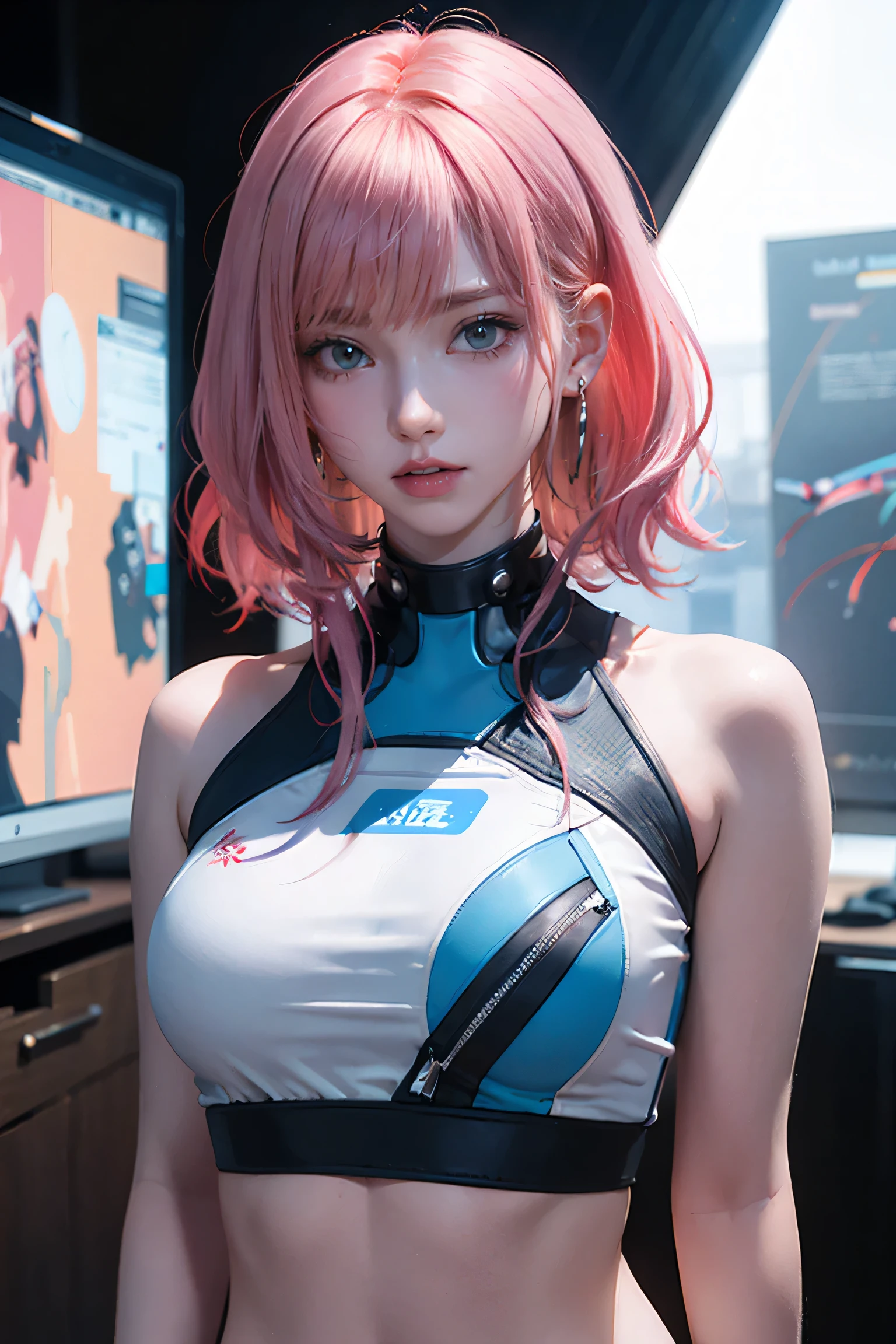 คุณภาพสูงสุด, ความละเอียดสูงเป็นพิเศษ, เหมือนจริง, ไม่, Cyberpunk หญิงสาวผมสีชมพูเซ็กซี่、การถ่ายภาพในสภาพแวดล้อมแบบสตูดิโอที่มีพื้นหลังสีเทา,  ดูผู้ดูของคุณ, ร่างกายส่วนบน, บาง, รอยแตกที่มองเห็นได้, ครอบตัดด้านบน,