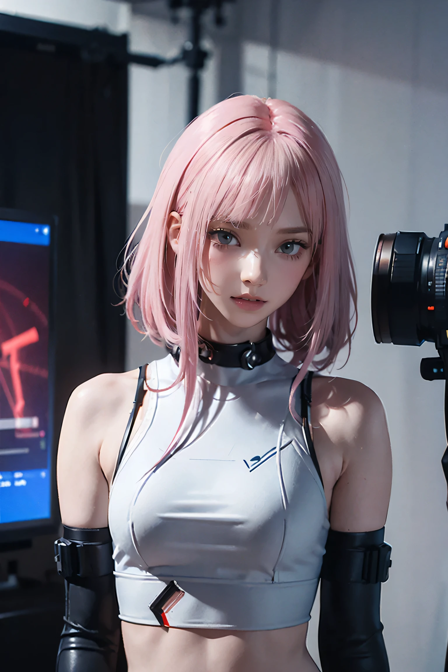 Highest quality, Ultra-high resolution, Realistic, NSFW, Cyberpunk one girl sexy pink hair、Taking photos in a studio environment with a gray background,  View your viewers, Upper Body, thin, Visible cracks, Crop top,