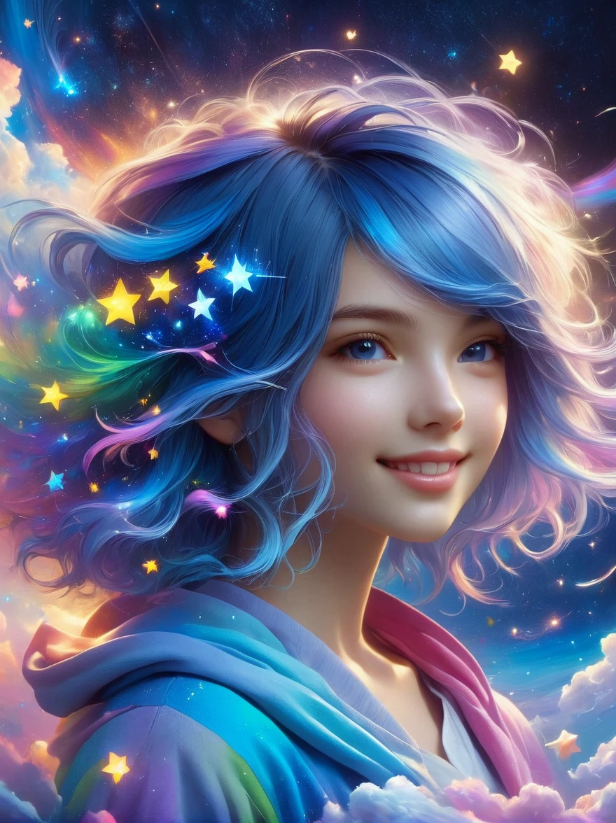 masterpiece,best quality,aesthetic,detailed face,subsurface scattering,bird view, wrenchsfantasy,fantasy,1girl,photo of a cute girl,light smile,charming,20yo,asymmetrical hair.Swaying hair,Electric blue hair,glowing,cloud,colorful starry,stars,broken, space style,style-swirlmagic,style-sylvamagic,rainbow-candy, legendary, outstanding, delicate, elegant, luxury, creative, beautiful classic contemporary fine cinematic composition, great expressive dynamic dramatic atmosphere, spectacular light, symmetry, detailed, rich colors, ambient background, inspiring, lovely grand lucid wonderful surreal perfect complex intricate color, stunning epic colossal imposing amazing singular fascinating massive