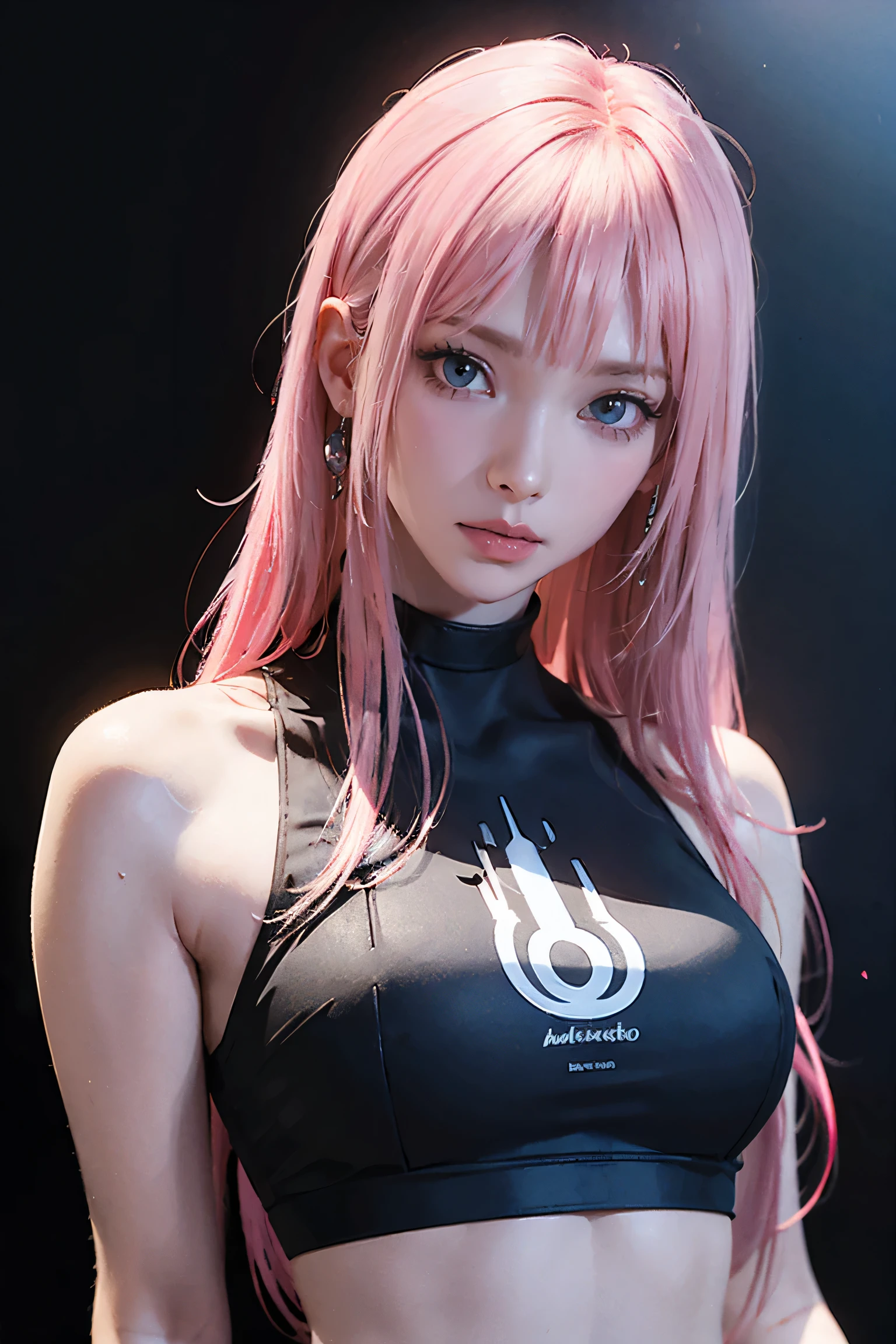 Highest quality, Ultra-high resolution, Realistic, Cyberpunk sexy pink hair girl、Take photos in a studio environment with a gray background, View your audience, Upper Body, thin, Visible Cracks, Crop top,Big Breasts