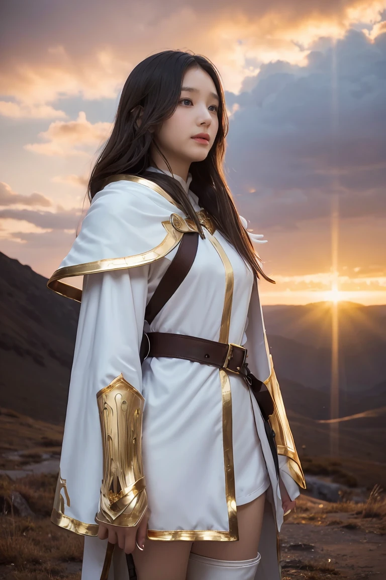 ((masterpiece, best quality, extremely detailed), volumetric lighting, ambient occlusion, colorful, glowing), 1girl, solo, young girl, (dark hair), long hair, ranger suit, hunter class dnd, cloak, (white outfit with gold detailst:1.3), armor, outdoors, sunset, sky, clouds, space, (fantasy theme:1.2),