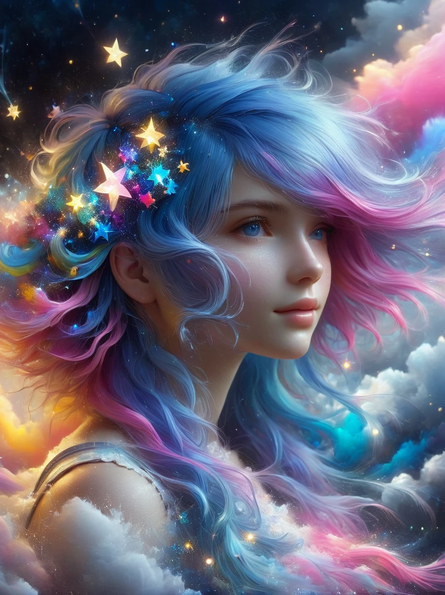 1xknh1, Top quality, Official Art, (Aesthetics and aesthetics:1.2), 1girl, solo, (Fractal Art:1.3), Upper body, Elegant dress, View from the side, Looking at the audience, (Rainbow Hair, Color of hair, Half blue and half pink hair:1.2), water, liquid, Cloud, Colorful, Starlight, Like stars, masterpiece, Best quality, anatomically correct, textured skin, super detail, 8k, highres