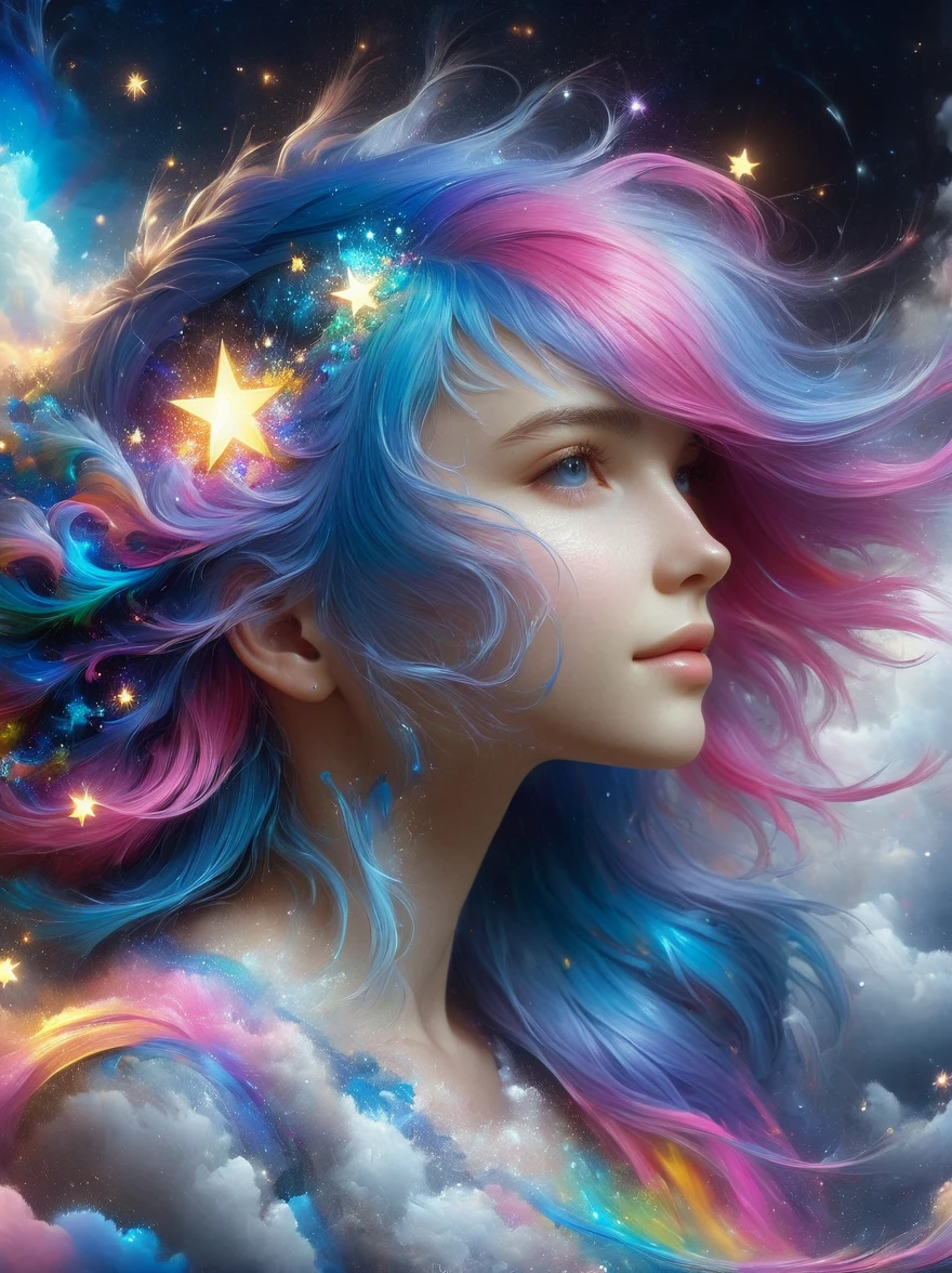 1xknh1, Top quality, Official Art, (Aesthetics and aesthetics:1.2), 1girl, solo, (Fractal Art:1.3), Upper body, Elegant dress, View from the side, Looking at the audience, (Rainbow Hair, Color of hair, Half blue and half pink hair:1.2), water, liquid, Cloud, Colorful, Starlight, Like stars, masterpiece, Best quality, anatomically correct, textured skin, super detail, 8k, highres
