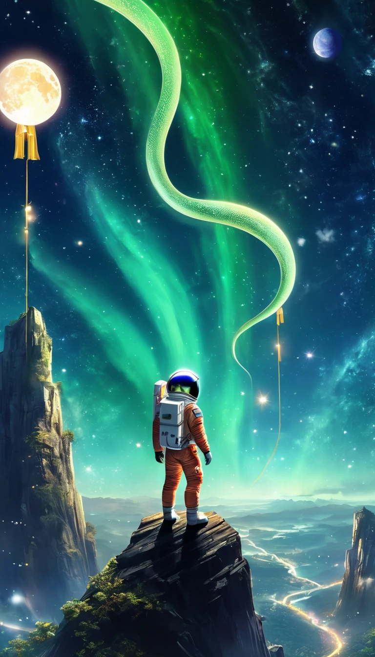 astronaut,aurora,city lights,constellation,crescent moon,earth \(planet\),galaxy,glowing,green eyes,light particles,milky way,night,night sky,planet,shooting star,sky,snake,solo,space,space craft,space helmet,spacesuit,star \(sky\),star \(symbol\),starry background,starry sky,starry sky print,tanabata,tanzaku,telescope,tentacles