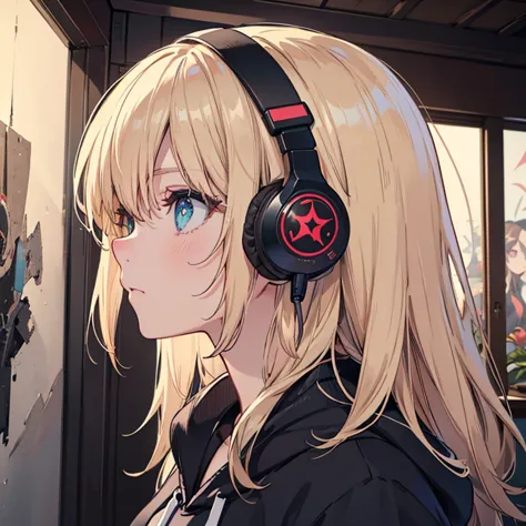 night、（机に向かってBarely）,（Headphones）、Barely、（Serious profile）,indoor, Super detailed, (((Very detailed eyes and face))), profile, m...