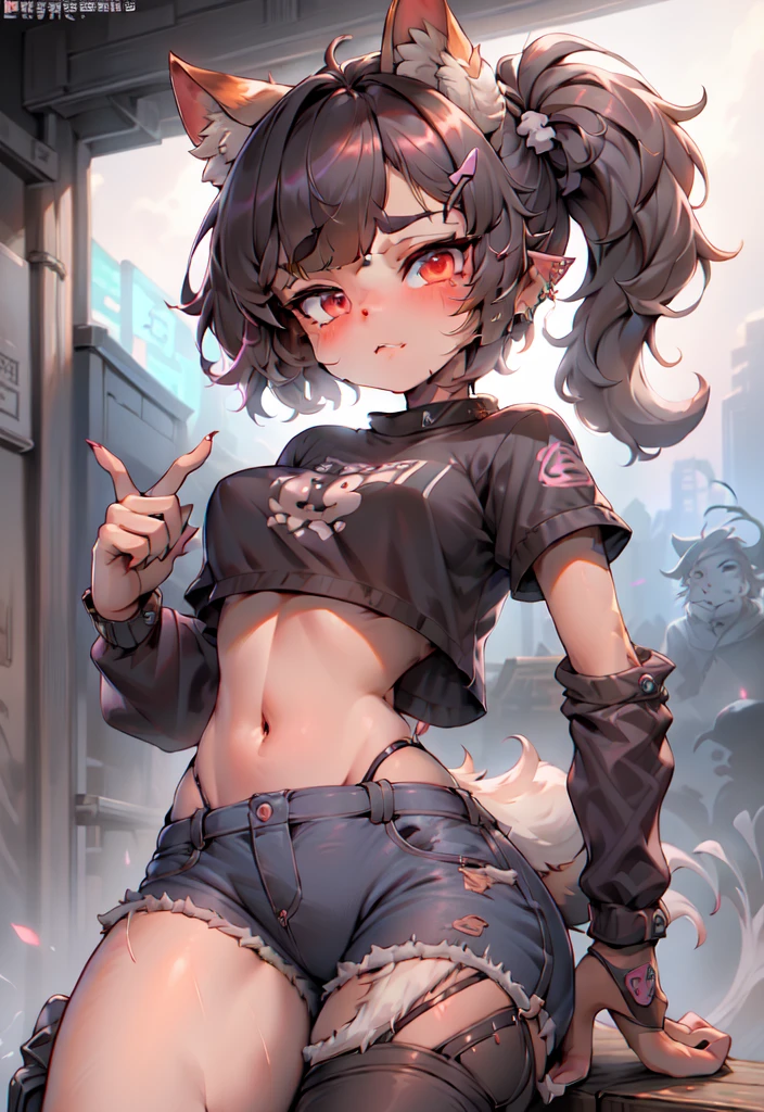 Furry, White fur, 超cuteface, Red elements of fur, Glowing T-shirt, Beautiful light and shadow, Zhou Haoguang, Very fine fur, Volumetric light graffiti art, skull fashion, Neon color))), Carne Griffith CFguanxiaoyuQF, One girl, Highest quality, (Tabletop:1.2), 非常にdetailedな, One Girl, alone, Looking at the audience, (Upper Body:1.2), Erotica、Highest quality, Very beautiful, Very delicate 8K wallpaper, Super beautiful girl, masterpieceのface, (masterpieceの目:1.5), (Pixie Cut Hair:1.3),Gal, (Anatomically correct,),masterpiece, Highest quality, Raw photo, Photorealistic, face, unbelievably ridiculous, Beautiful girls, cute, Blunt bangs, Depth of written boundary, High resolution, 超detailedな, detailed, ighly detailedd, extremely detailedd eye and face, Sharp pupils, Realistic students, Sharp focus, Cinema Lighting,masterpiece, (Highest quality: 1.2), (Super quality: 1.2), figure, (Very delicate and beautiful: 1.2), Film Angle, floating, (Beautiful detailing: 1.1), (Detail Light: 1.1), Film Light, Highest quality:0.8), (Highest quality:0.8) Beastman Wolverine Girl Princess Mononoke Sideburns Cyberpunk Wolf Girl,Flexible outfit、Hairy、ケモガールHighest quality:0.8), (Highest quality:0.8), Perfect anime illustration, A girl with a casual side ponytail and cropped hair、Future punkish distressed jeaniddle finger up。Sneakers that look light on the feet。light blue lip。Sharp Eyes。Overall image of a toned body。Fluffy animal tail、Fluffy body hair