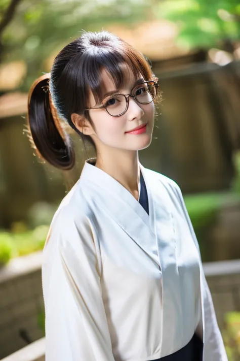 highest quality、masterpiece、high sensitivity、high resolution、detailed description、one woman、slim body、glasses、kyudo、hakama、