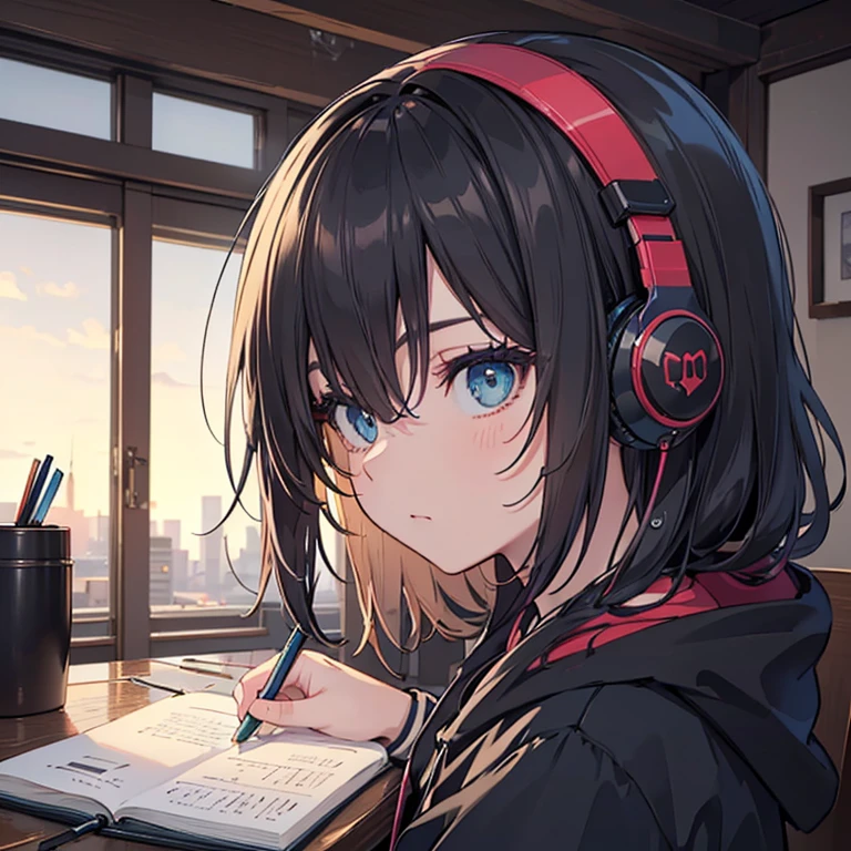 night、((机に向かってBarely)),（Headphones）,((Barely)),（Serious profile）,((Writing in a notebook)),indoor, Super detailed, (((Very detailed eyes and face))), profile, masterpiece, Highest quality, Realistic portraits, hoodie, Very detailed, Dynamic Angle, The most beautiful form of chaos, elegant, Asian Taste