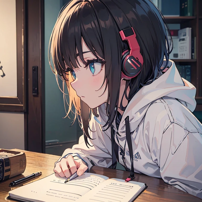 night、((机に向かってBarely)),（Headphones）,((Barely)),（Serious profile）,((Writing in a notebook)),indoor, Super detailed, (((Very detailed eyes and face))), profile, masterpiece, Highest quality, Realistic portraits, hoodie, Very detailed, Dynamic Angle, The most beautiful form of chaos, elegant, Asian Taste