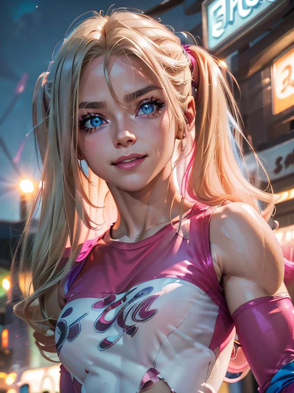 ((1girl solo focus)), Girl, long blonde hair, blue eyes, (wearing a pink and blue long-sleeved shirt, Close smile, high definition, Ultra Quality Hair, ultra quality face, Ultra quality image, Lights Cinematic, medium shots, (muscular physique, muscular arms:1.3).
