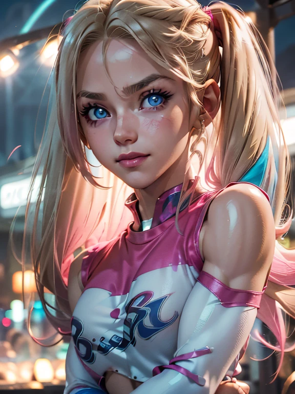 ((1girl solo focus)), Girl, long blonde hair, blue eyes, (wearing a pink and blue long-sleeved shirt, Close smile, high definition, Ultra Quality Hair, ultra quality face, Ultra quality image, Lights Cinematic, medium shots, (muscular physique, muscular arms:1.3).
