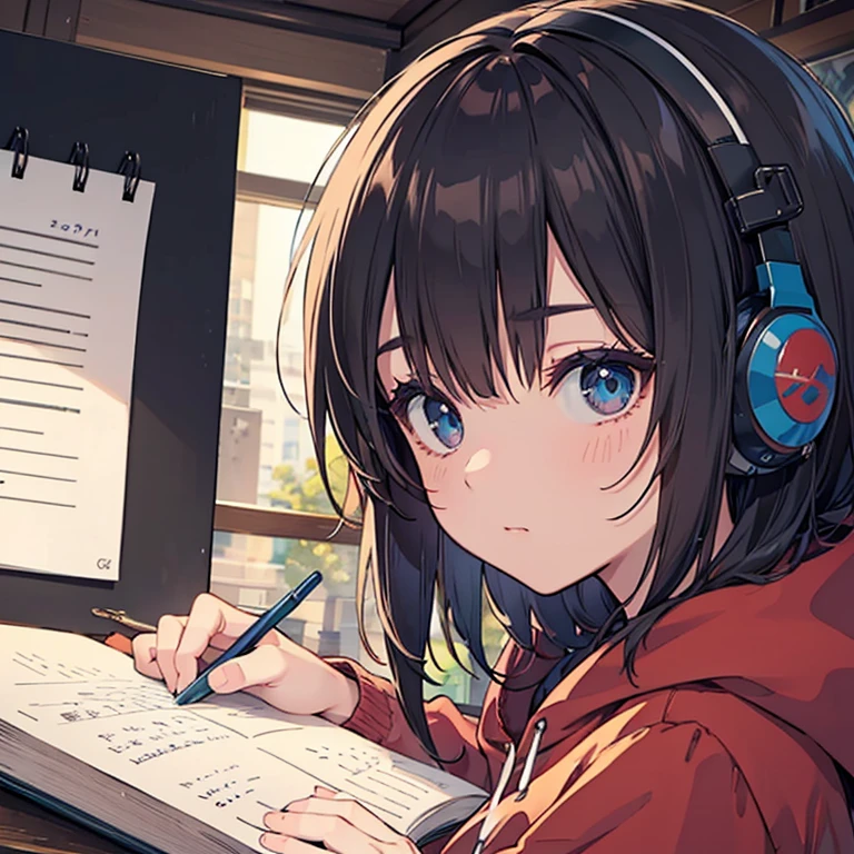 night、((机に向かってBarely)),（Headphones）,((Barely)),（Serious profile）,((Writing in a notebook)),((Keep your eyes on the notebook.)),indoor, Super detailed, (((Very detailed eyes and face))), profile, masterpiece, Highest quality, Realistic portraits, hoodie, Very detailed, Dynamic Angle, The most beautiful form of chaos, elegant, Asian Taste