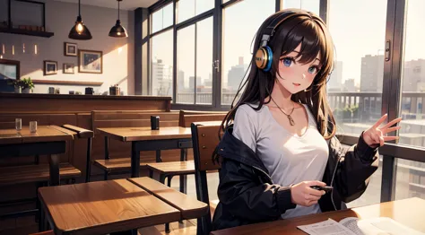 girl with headphones enjoying music in a cafe　i am studying　emphasize a little bit of the chest