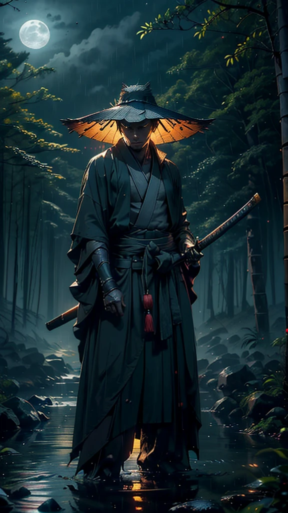 (Best Quality,ultra detailed),dark,wet,artificial raindrops falling,ancient japanese warrior standing in the rain,japanese traditional bamboo hat(fail),dense forest landscape,majestic and serene nature,full moon shining brightly in the night sky,black kimono with fluorescent red stripes that glow in the moonlight,samurai sword sharpened and drawn(katana),