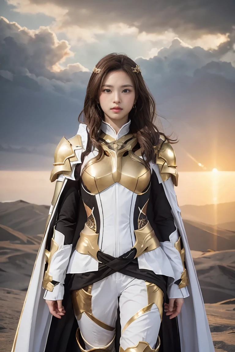 ((masterpiece, best quality, extremely detailed), volumetric lighting, ambient occlusion, colorful, glowing), 1girl, solo, young girl, (dark hair), long hair, ranger suit, hunter class dnd, cloak, (white outfit with gold detailst:1.3), armor, outdoors, sunset, sky, clouds, space, (fantasy theme:1.2),