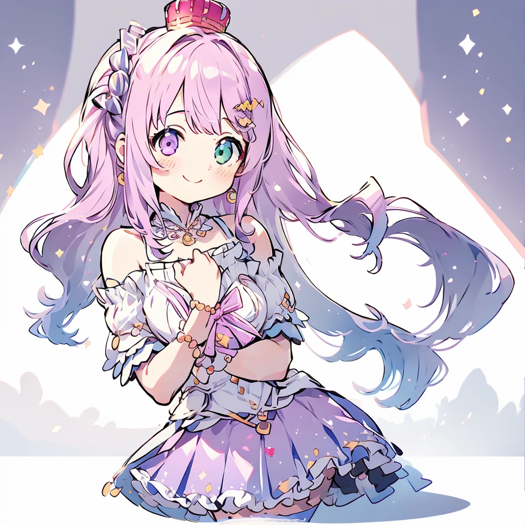 masterpiece, best quality, absurdres, 1girl, solo, heterochromia, long hair, hair rings, candy hair ornament, crown, earrings, detached collar, pink dress, bare shoulders, short sleeves, bracelet, striped thighhighs, smile, arms behind back, indoors, castle, :d, cute, sparkles,