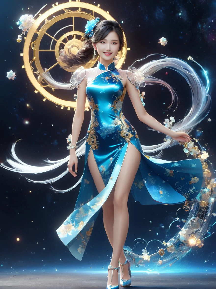 1xknh1, (full-body shot:1.4), Space Art, 1 Cheongsam woman，whole body，Standing，Transparent robotic arm，slim body，Perfect proportions，Exquisite hair accessories，Smile，Transparent mechanical shoes，Oriental elements，(bokeh)，high quality，4K，3d